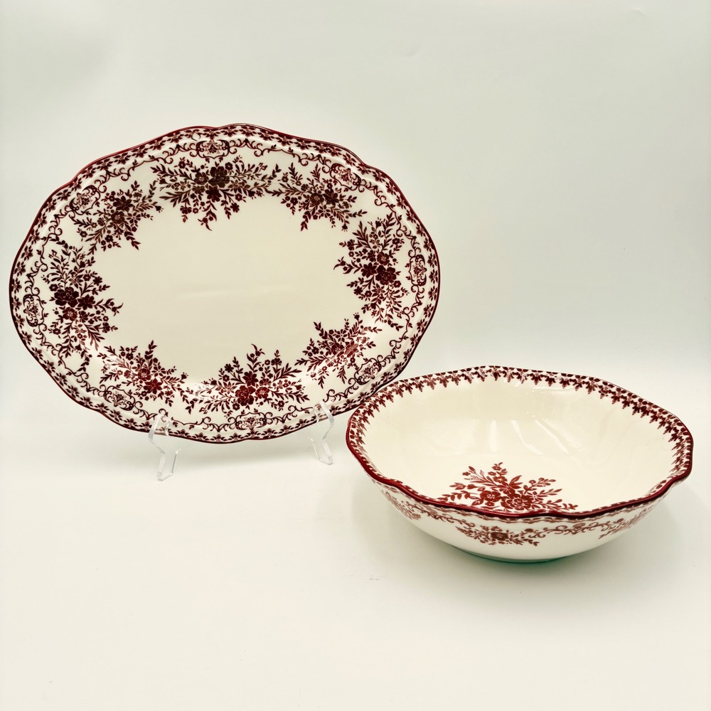Red Floral Toile Ceramic Serving Set Scalloped Oval Platter and Round Bowl